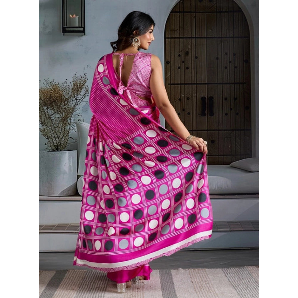 Generic Women's Satin Crepe Printed Saree With Unstitched Blouse 5.5Mtr (Pink)