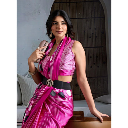 Generic Women's Satin Crepe Printed Saree With Unstitched Blouse 5.5Mtr (Pink)