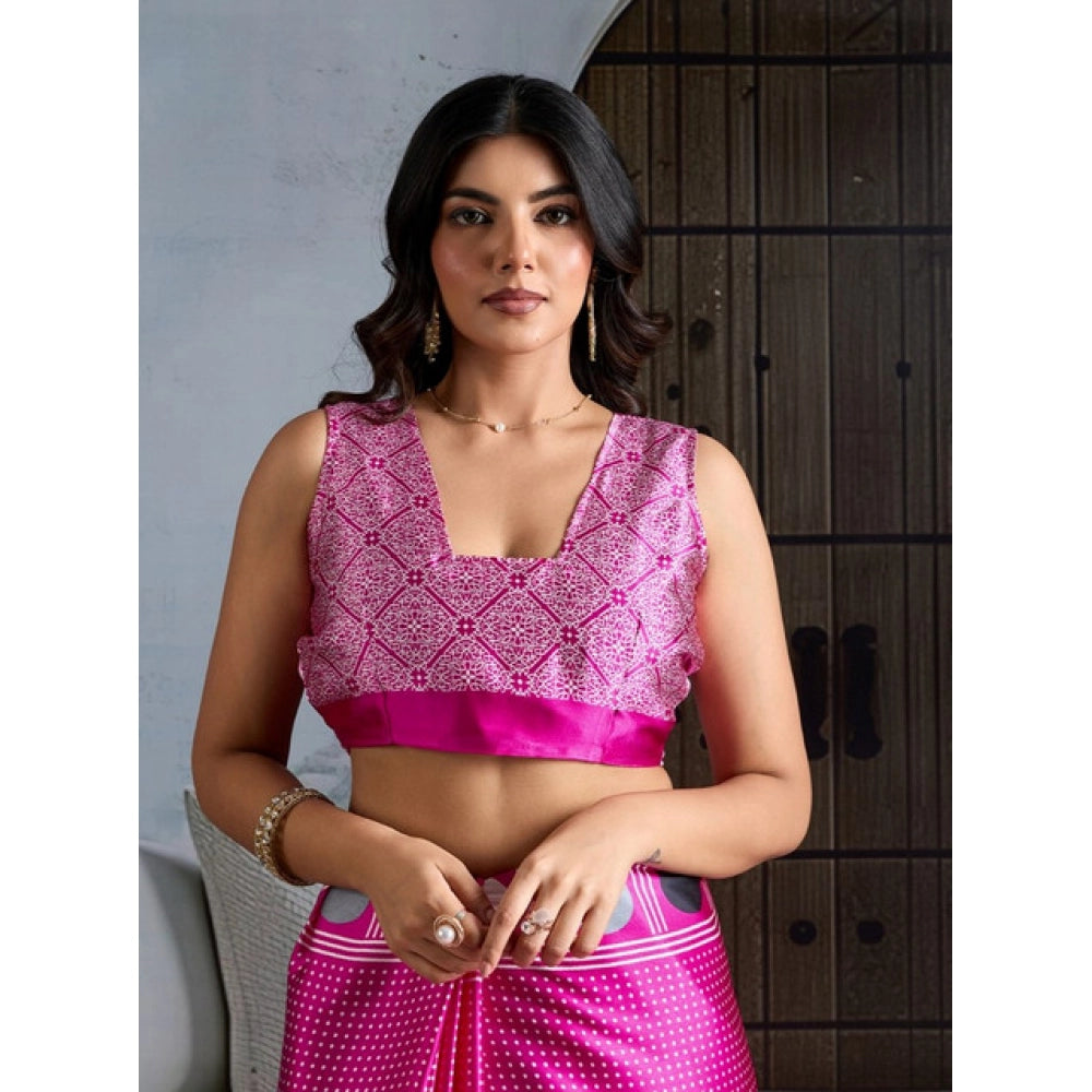 Generic Women's Satin Crepe Printed Saree With Unstitched Blouse 5.5Mtr (Pink)