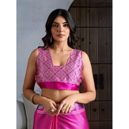 Generic Women's Satin Crepe Printed Saree With Unstitched Blouse 5.5Mtr (Pink)