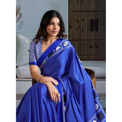 Generic Women's Satin Crepe Printed Saree With Unstitched Blouse 5.5Mtr (Blue)