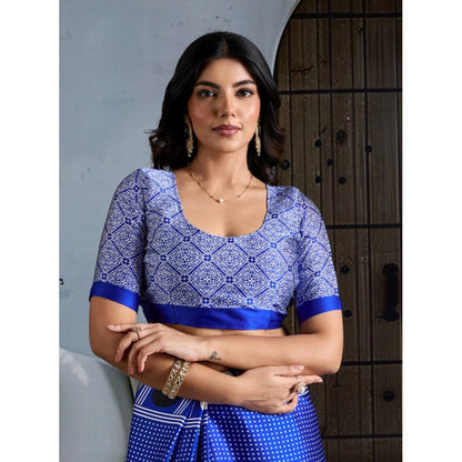 Generic Women's Satin Crepe Printed Saree With Unstitched Blouse 5.5Mtr (Blue)