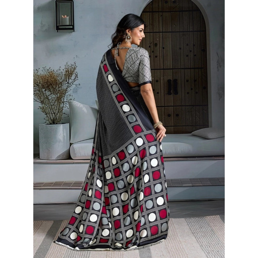 Generic Women's Satin Crepe Printed Saree With Unstitched Blouse 5.5Mtr (Black)