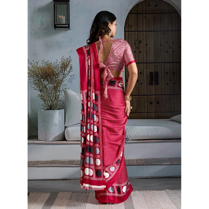 Generic Women's Satin Crepe Printed Saree With Unstitched Blouse 5.5Mtr (Red)