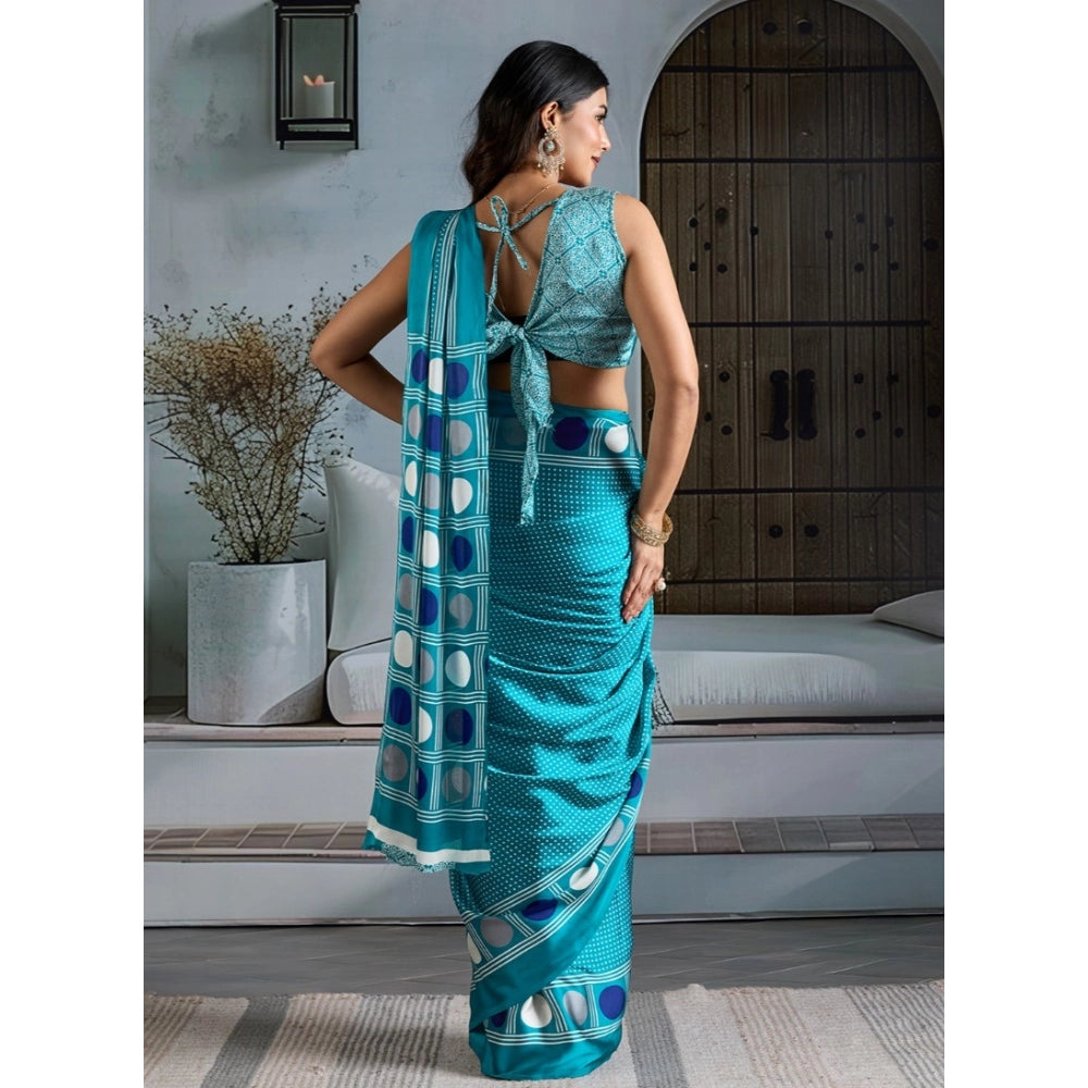 Generic Women's Satin Crepe Printed Saree With Unstitched Blouse 5.5Mtr (Sky Blue)