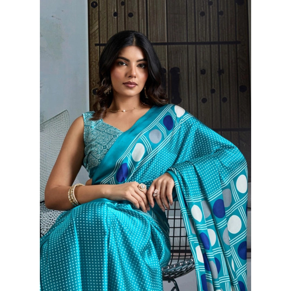 Generic Women's Satin Crepe Printed Saree With Unstitched Blouse 5.5Mtr (Sky Blue)