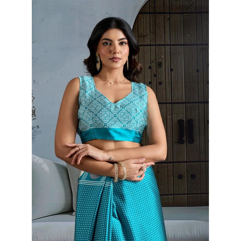 Generic Women's Satin Crepe Printed Saree With Unstitched Blouse 5.5Mtr (Sky Blue)