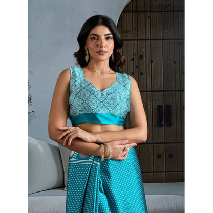Generic Women's Satin Crepe Printed Saree With Unstitched Blouse 5.5Mtr (Sky Blue)