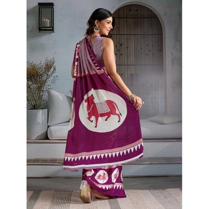 Generic Women's Satin Crepe Printed Saree With Unstitched Blouse 5.5Mtr (Purple)