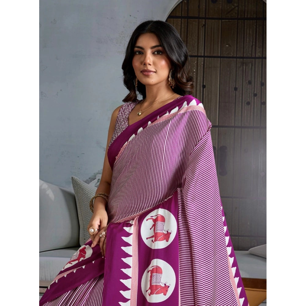 Generic Women's Satin Crepe Printed Saree With Unstitched Blouse 5.5Mtr (Purple)