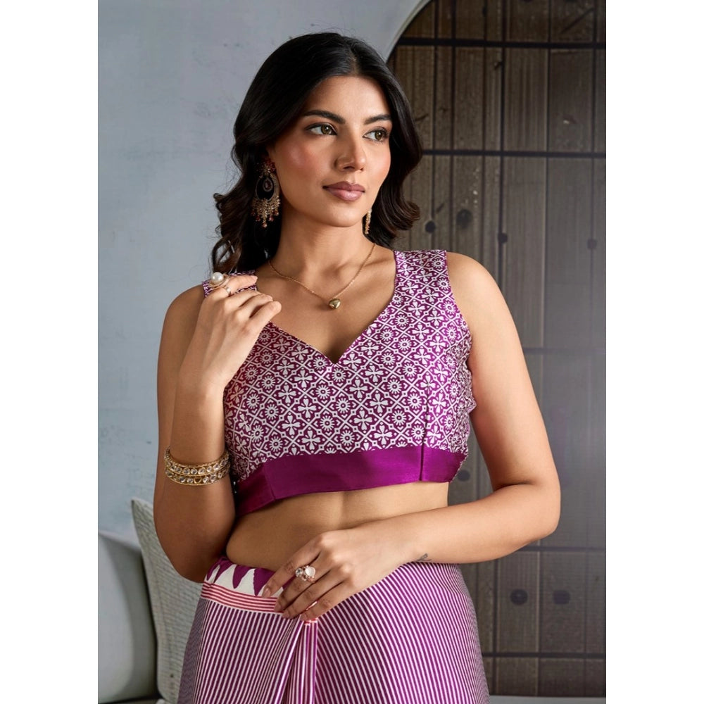Generic Women's Satin Crepe Printed Saree With Unstitched Blouse 5.5Mtr (Purple)