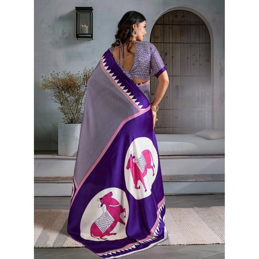 Generic Women's Satin Crepe Printed Saree With Unstitched Blouse 5.5Mtr (Blue)