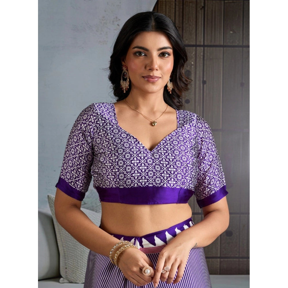 Generic Women's Satin Crepe Printed Saree With Unstitched Blouse 5.5Mtr (Blue)