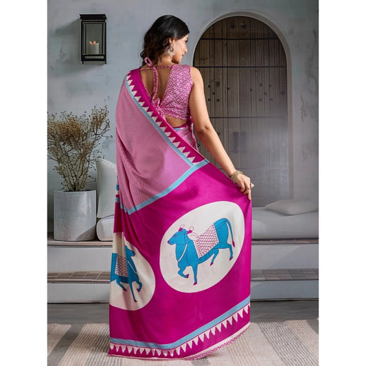 Generic Women's Satin Crepe Printed Saree With Unstitched Blouse 5.5Mtr (Pink)