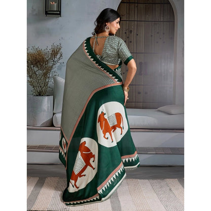 Generic Women's Satin Crepe Printed Saree With Unstitched Blouse 5.5Mtr (Green)