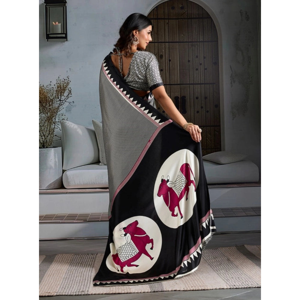 Generic Women's Satin Crepe Printed Saree With Unstitched Blouse 5.5Mtr (Black)