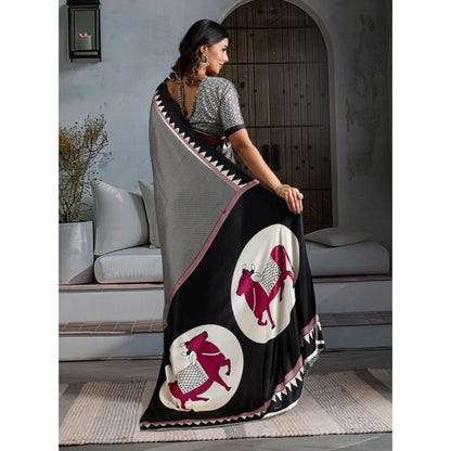 Generic Women's Satin Crepe Printed Saree With Unstitched Blouse 5.5Mtr (Black)