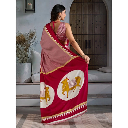 Generic Women's Satin Crepe Printed Saree With Unstitched Blouse 5.5Mtr (Red)