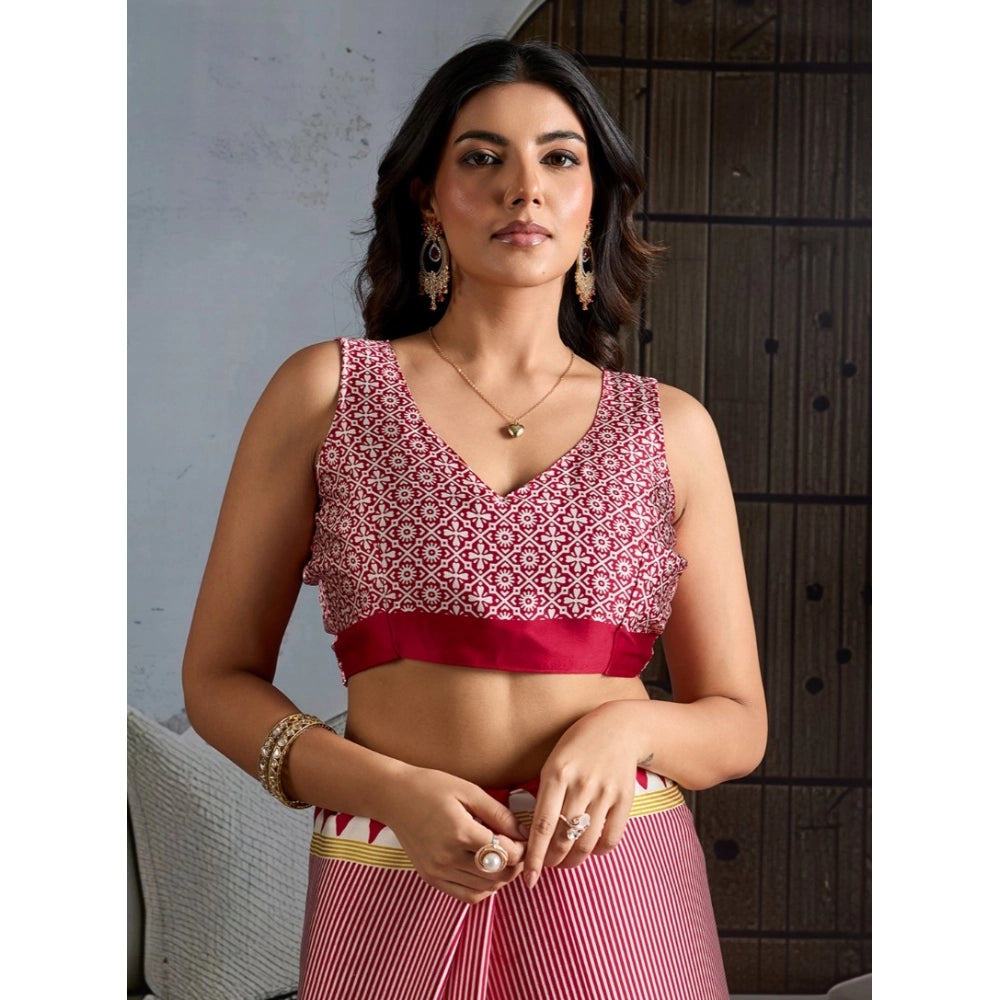 Generic Women's Satin Crepe Printed Saree With Unstitched Blouse 5.5Mtr (Red)