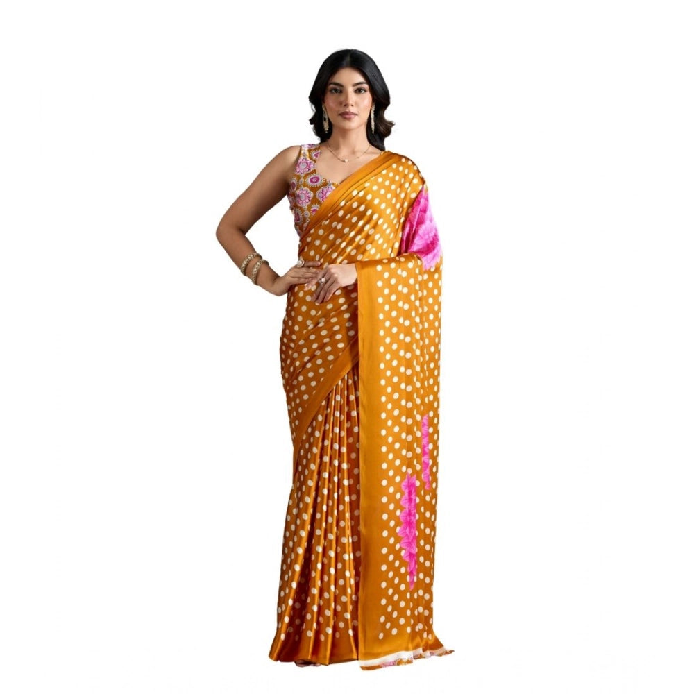 Generic Women's Satin Crepe Printed Saree With Unstitched Blouse 5.5Mtr (Mustard)