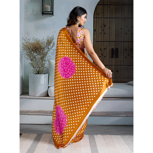 Generic Women's Satin Crepe Printed Saree With Unstitched Blouse 5.5Mtr (Mustard)