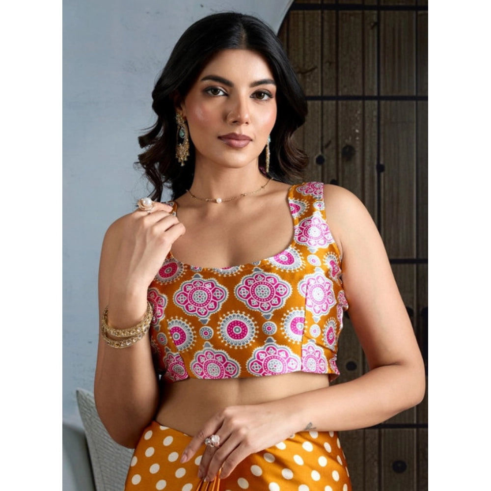 Generic Women's Satin Crepe Printed Saree With Unstitched Blouse 5.5Mtr (Mustard)