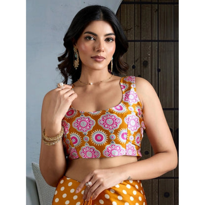 Generic Women's Satin Crepe Printed Saree With Unstitched Blouse 5.5Mtr (Mustard)