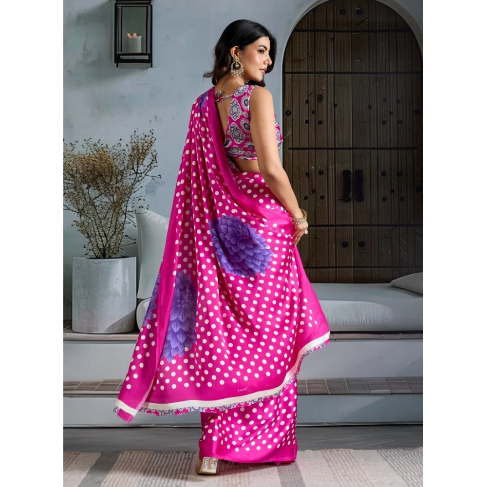 Generic Women's Satin Crepe Printed Saree With Unstitched Blouse 5.5Mtr (Pink)