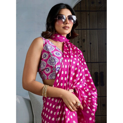 Generic Women's Satin Crepe Printed Saree With Unstitched Blouse 5.5Mtr (Pink)