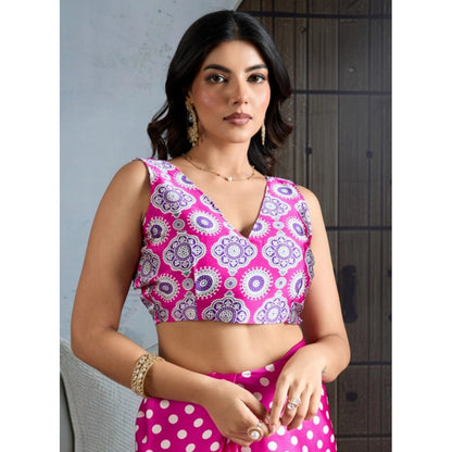 Generic Women's Satin Crepe Printed Saree With Unstitched Blouse 5.5Mtr (Pink)