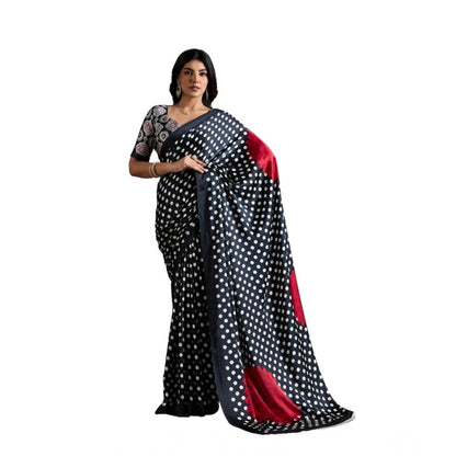 Generic Women's Satin Crepe Printed Saree With Unstitched Blouse 5.5Mtr (Black)