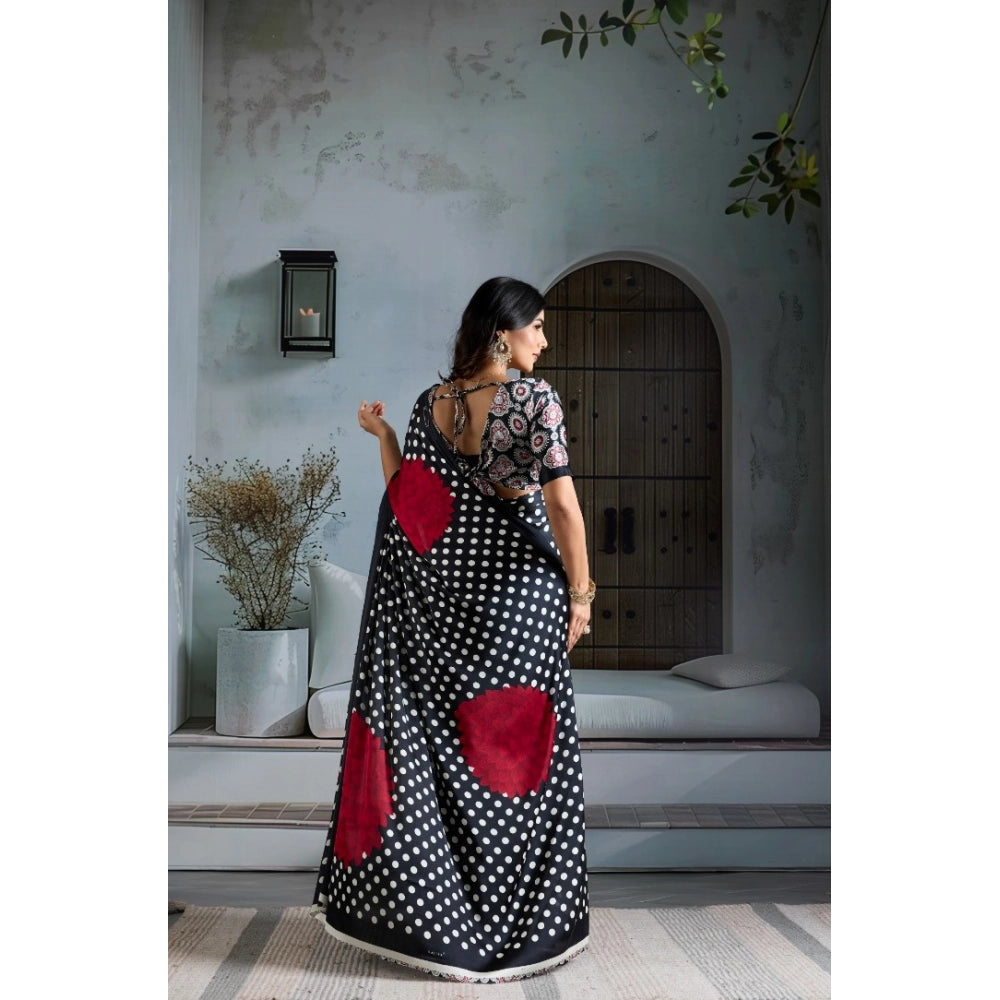 Generic Women's Satin Crepe Printed Saree With Unstitched Blouse 5.5Mtr (Black)