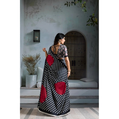 Generic Women's Satin Crepe Printed Saree With Unstitched Blouse 5.5Mtr (Black)