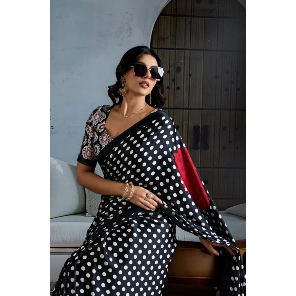 Generic Women's Satin Crepe Printed Saree With Unstitched Blouse 5.5Mtr (Black)