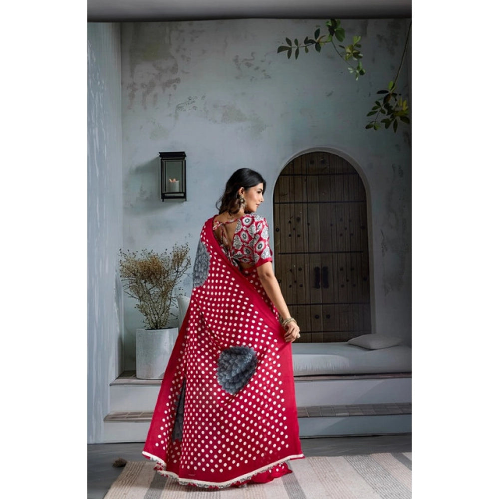 Generic Women's Satin Crepe Printed Saree With Unstitched Blouse 5.5Mtr (Red)