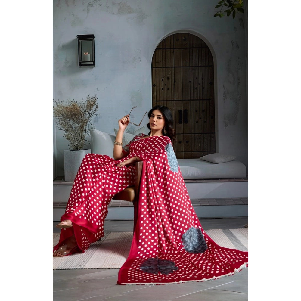 Generic Women's Satin Crepe Printed Saree With Unstitched Blouse 5.5Mtr (Red)