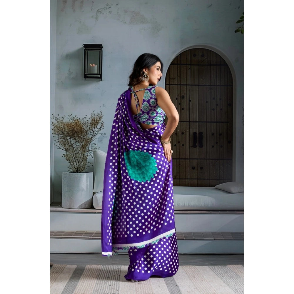 Generic Women's Satin Crepe Printed Saree With Unstitched Blouse 5.5Mtr (Purple)