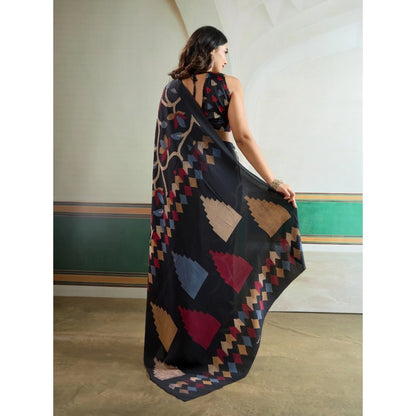 Generic Women's Satin Crepe Printed Saree With Unstitched Blouse 5.5Mtr (Black)