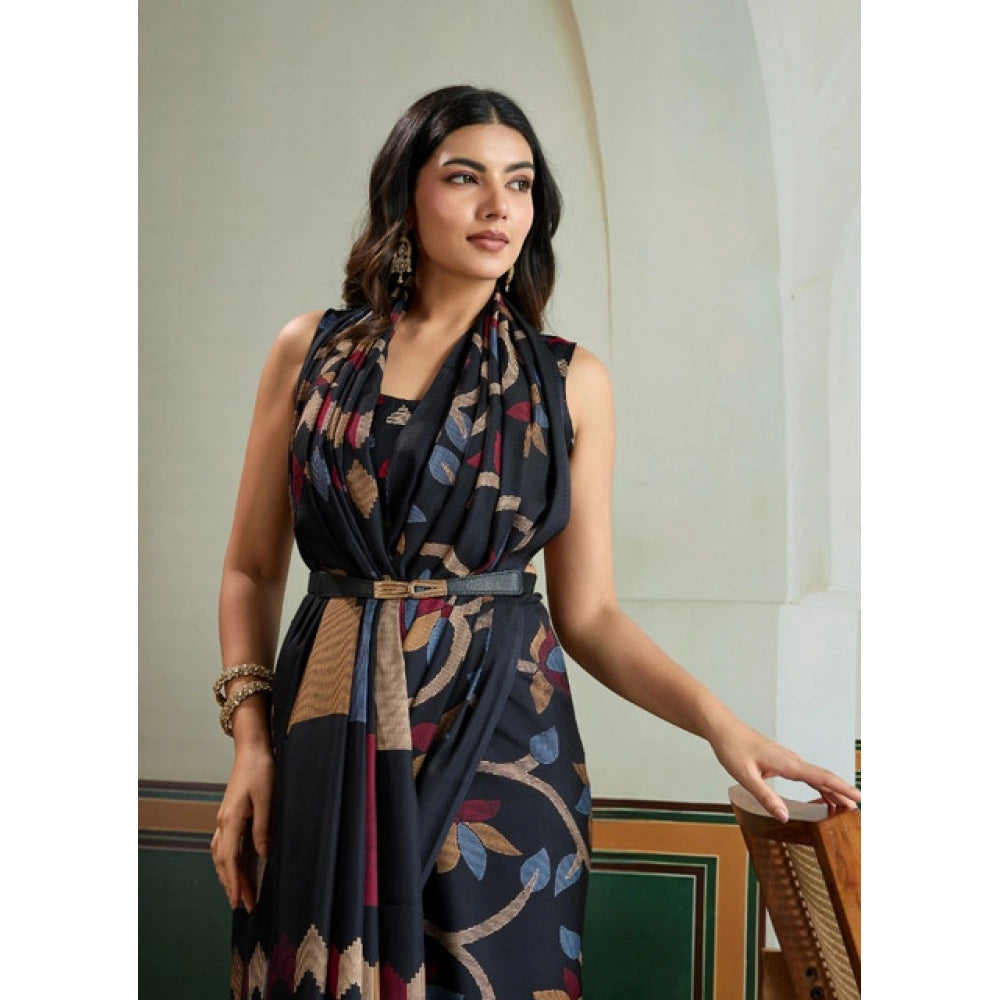 Generic Women's Satin Crepe Printed Saree With Unstitched Blouse 5.5Mtr (Black)
