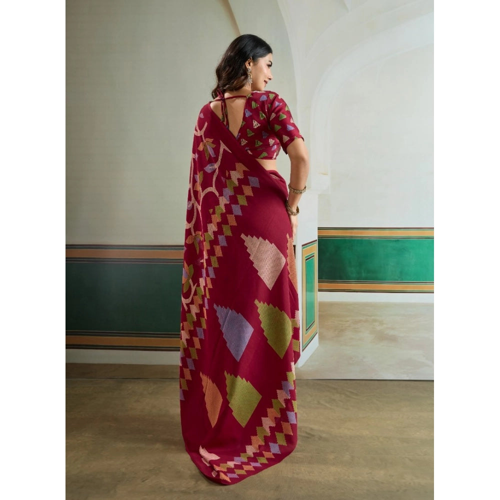 Generic Women's Satin Crepe Printed Saree With Unstitched Blouse 5.5Mtr (Maroon)