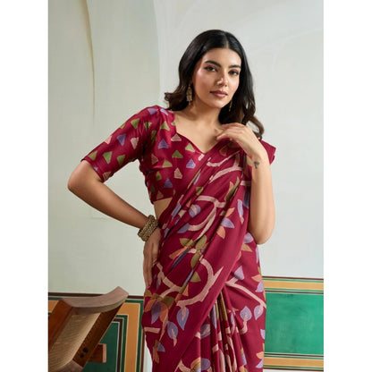 Generic Women's Satin Crepe Printed Saree With Unstitched Blouse 5.5Mtr (Maroon)