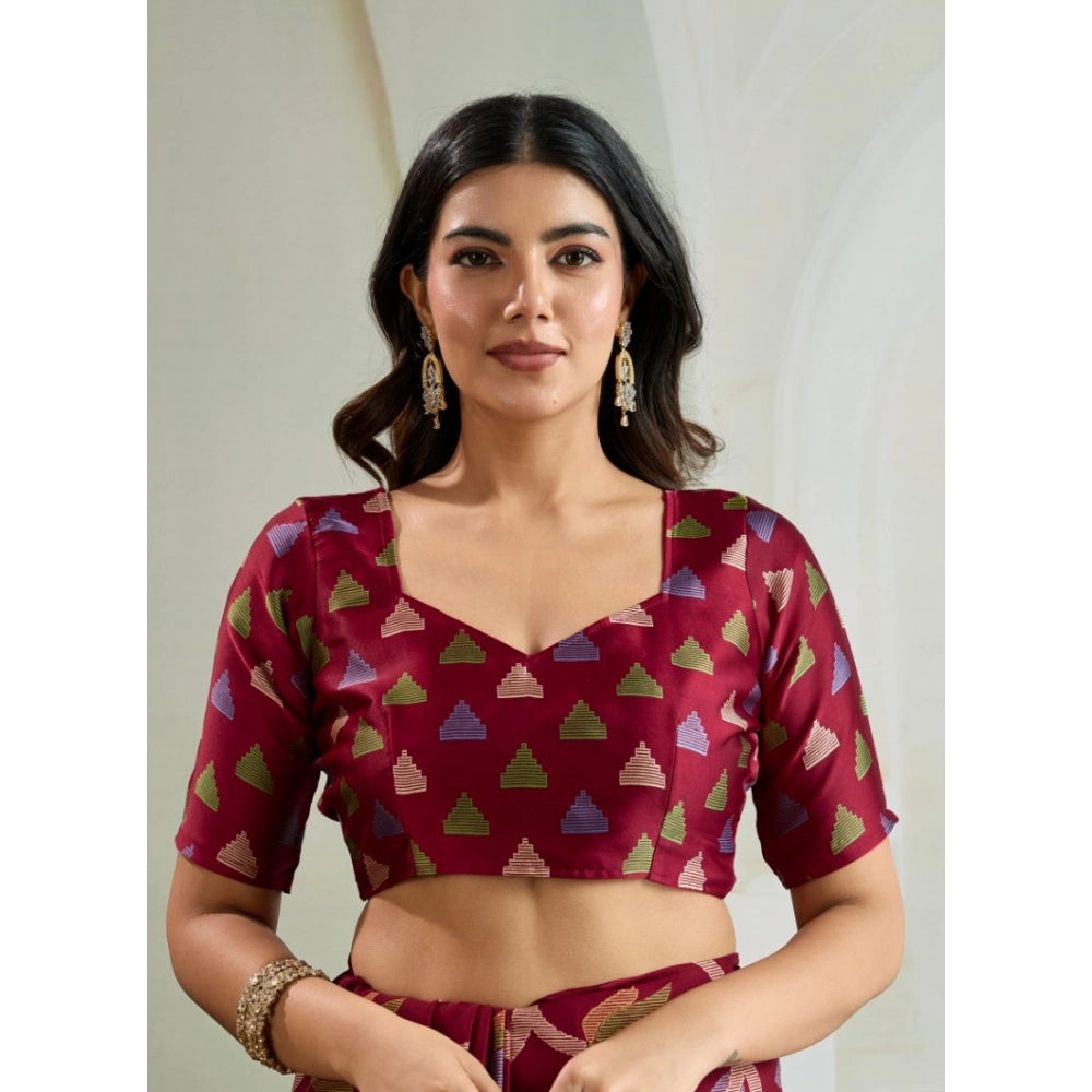 Generic Women's Satin Crepe Printed Saree With Unstitched Blouse 5.5Mtr (Maroon)