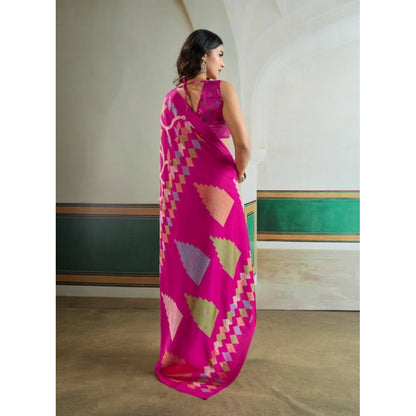 Generic Women's Satin Crepe Printed Saree With Unstitched Blouse 5.5Mtr (Pink)