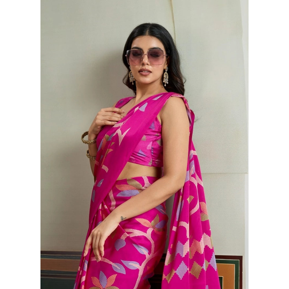 Generic Women's Satin Crepe Printed Saree With Unstitched Blouse 5.5Mtr (Pink)