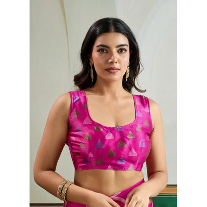 Generic Women's Satin Crepe Printed Saree With Unstitched Blouse 5.5Mtr (Pink)