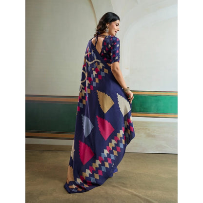 Generic Women's Satin Crepe Printed Saree With Unstitched Blouse 5.5Mtr (Navy Blue)