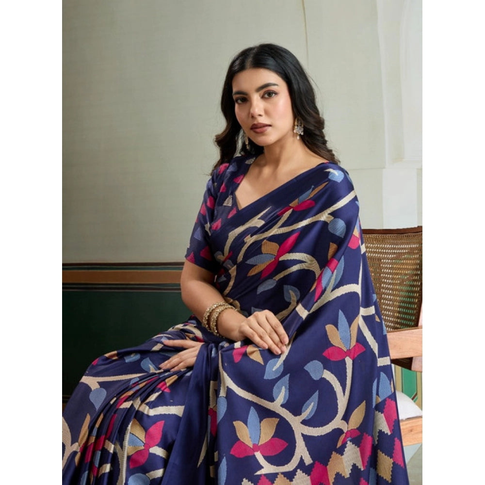 Generic Women's Satin Crepe Printed Saree With Unstitched Blouse 5.5Mtr (Navy Blue)