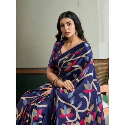 Generic Women's Satin Crepe Printed Saree With Unstitched Blouse 5.5Mtr (Navy Blue)
