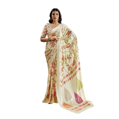 Generic Women's Satin Crepe Printed Saree With Unstitched Blouse 5.5Mtr (Off White)