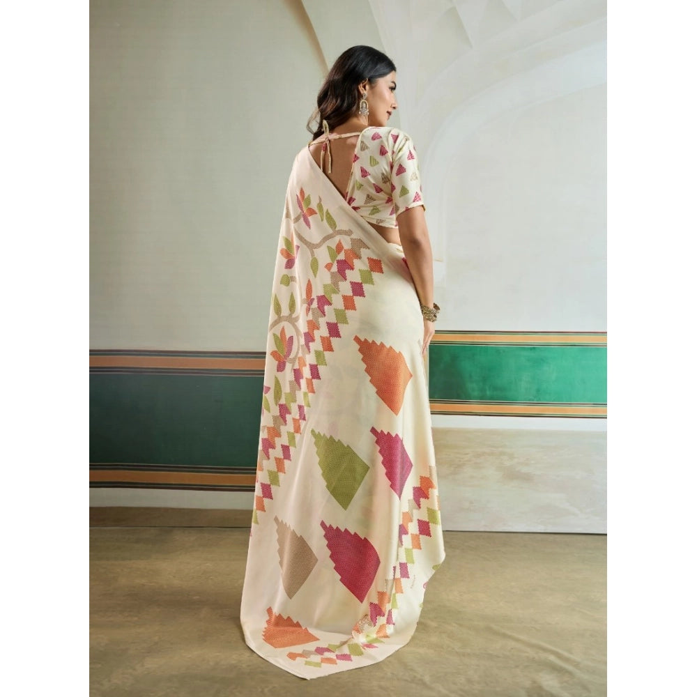 Generic Women's Satin Crepe Printed Saree With Unstitched Blouse 5.5Mtr (Off White)